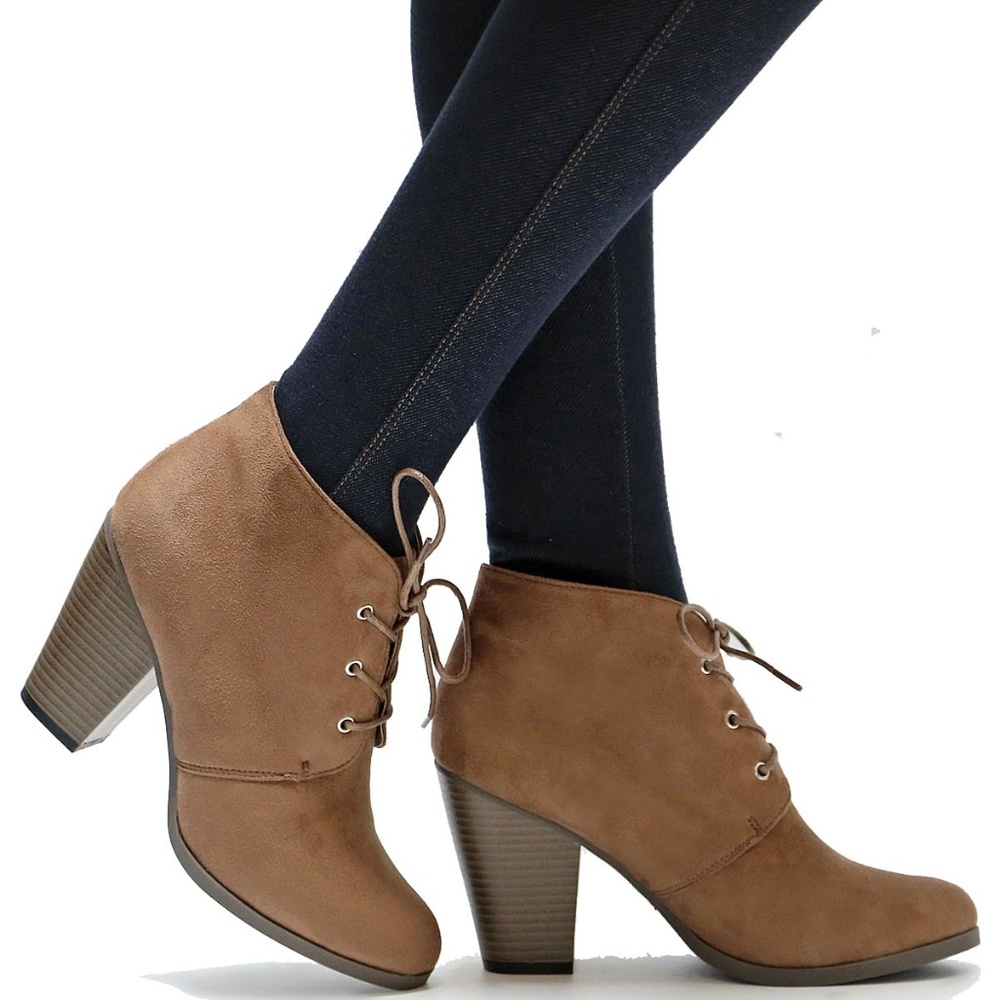 New Taupe Lace Up Block Heel Ankle Boots Booties